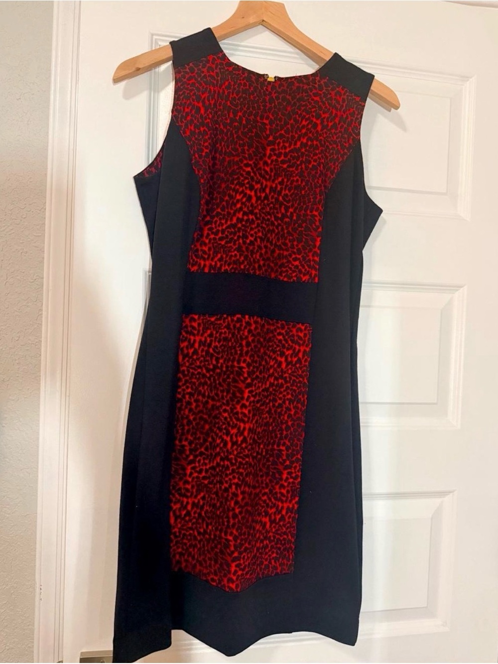 Michael Kors Black Sheath Dress with Red Leopard-Print Panel